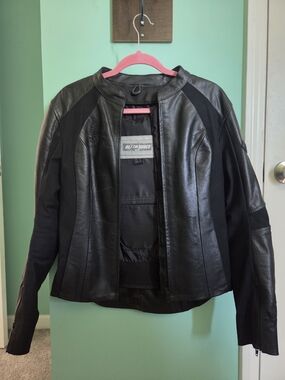 BiLT Women's Black Leather Motorcycle Jacket W/ Rose Embroidery & Built In Armor